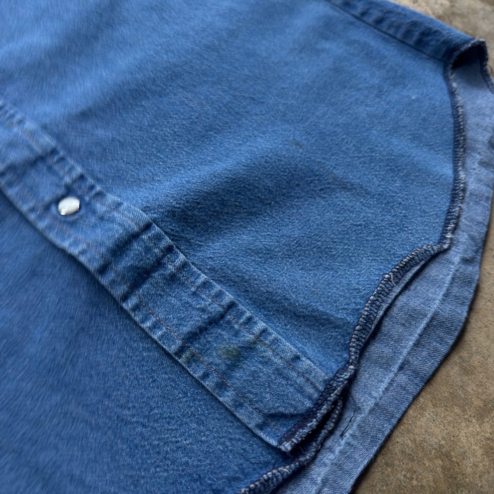 Vintage 90s Wrangler Denim Western Pearl Snap Shirt Workwear Blue Large (f1) - Picture 8 of 8